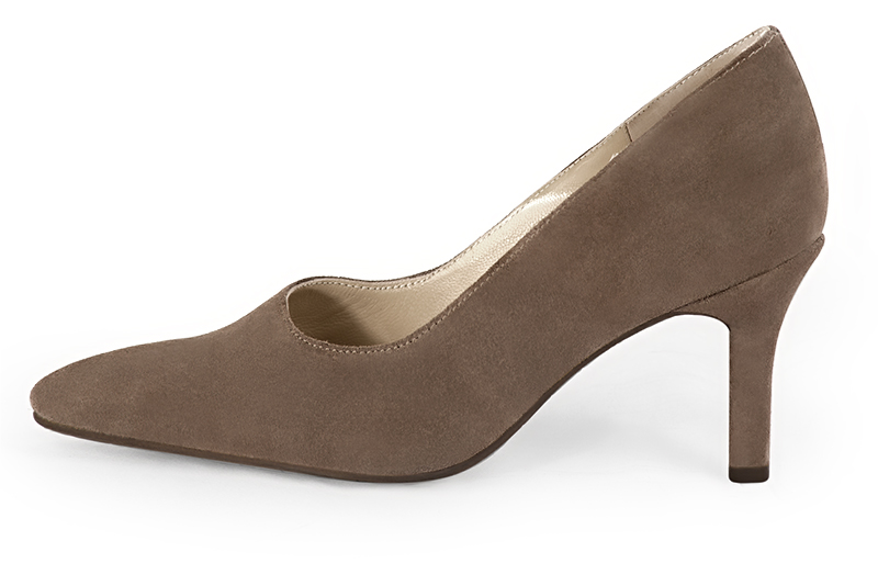 Chocolate brown women's dress pumps,with a square neckline. Tapered toe. High slim heel. Profile view - Florence KOOIJMAN